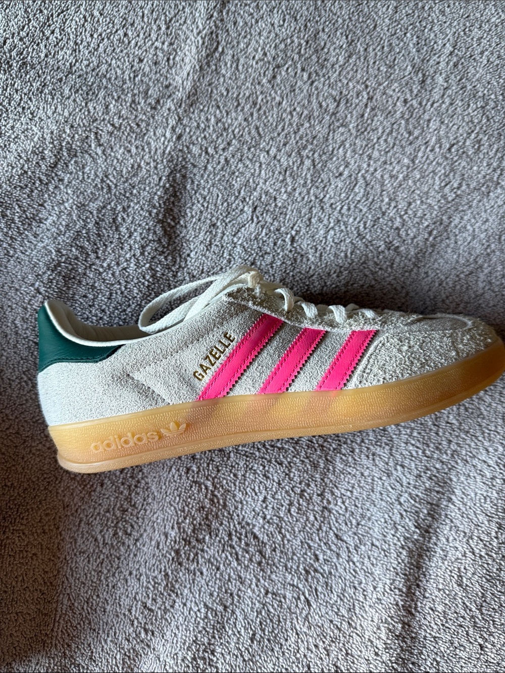 adidas Gazelle Women's Suede Sneaker in White with Pink Stripes and Green Heel